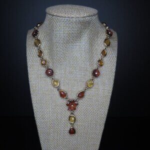 Gold Tone Necklace with Amber Stones and Flower Pendant